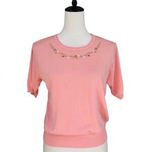Vintage Pink Embroidered Knit Top Floral Neckline Short Sleeve Sweater M